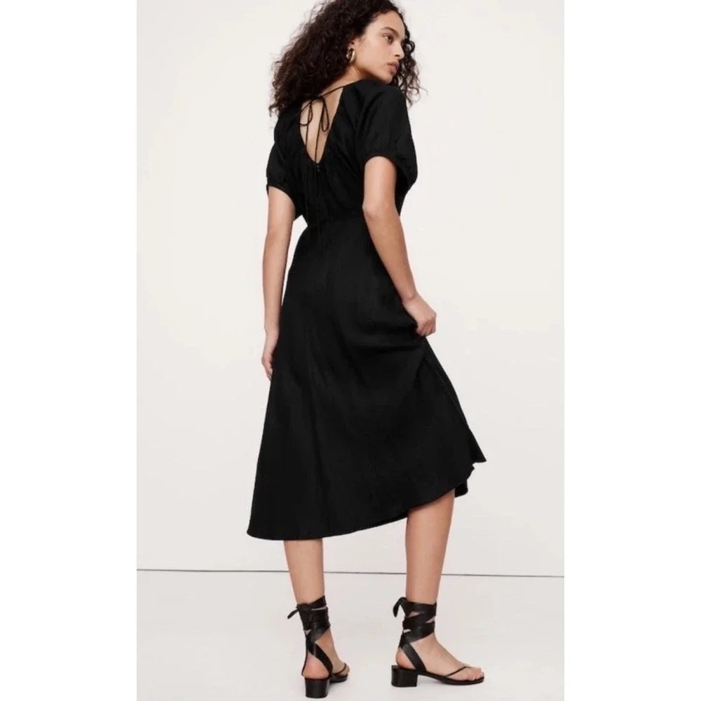 Banana Republic Viscose Linen Midi/Maxi Black Dress 12 Puff Sleeve Silky Tie - Picture 3 of 12